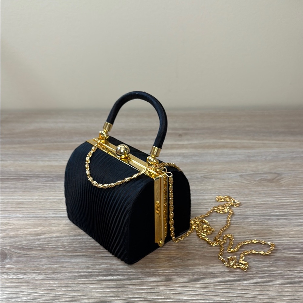 Unbranded Black Evening Bag Purse fabric cube with Gold hardware